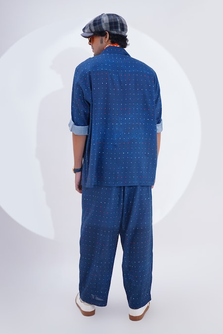 Shop_Jajaabor_Blue Linen Print Miniature Shirt With Pant _at_Aza_Fashions