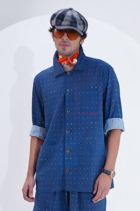 Jajaabor Blue Linen Print Miniature Shirt With Pant Online at Aza Fashions Jajaabor_Blue Linen Print Miniature Shirt With Pant _Online_at_Aza_Fashions