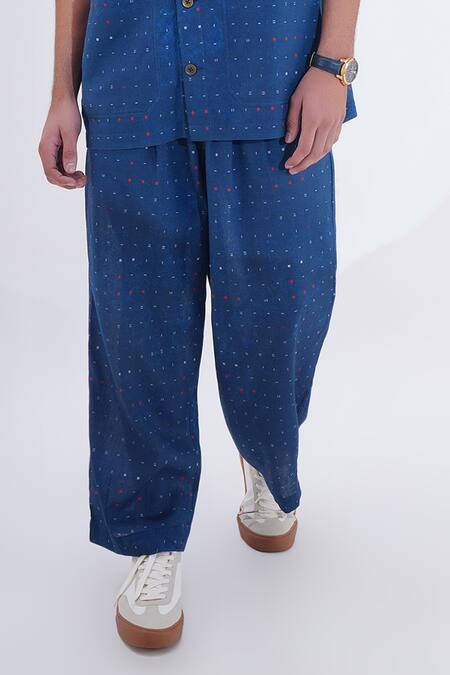 Buy Jajaabor Blue Linen Print Miniature Shirt With Pant Online at Aza Fashions Buy_Jajaabor_Blue Linen Print Miniature Shirt With Pant _Online_at_Aza_Fashions