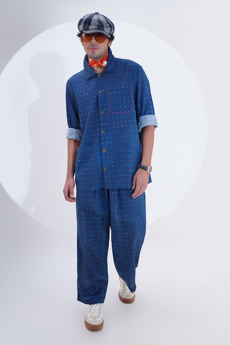 Shop_Jajaabor_Blue Linen Print Miniature Shirt With Pant _Online_at_Aza_Fashions