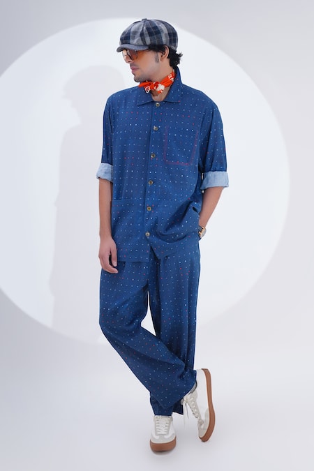 Jajaabor_Blue Linen Print Miniature Shirt With Pant _at_Aza_Fashions