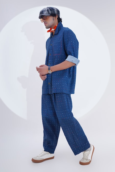 Buy_Jajaabor_Blue Linen Print Miniature Shirt With Pant 