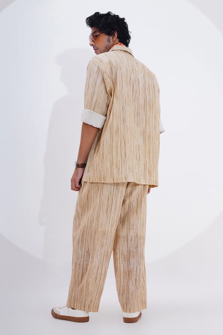 Shop_Jajaabor_Beige Linen Print Stripe Shirt With Pant _at_Aza_Fashions