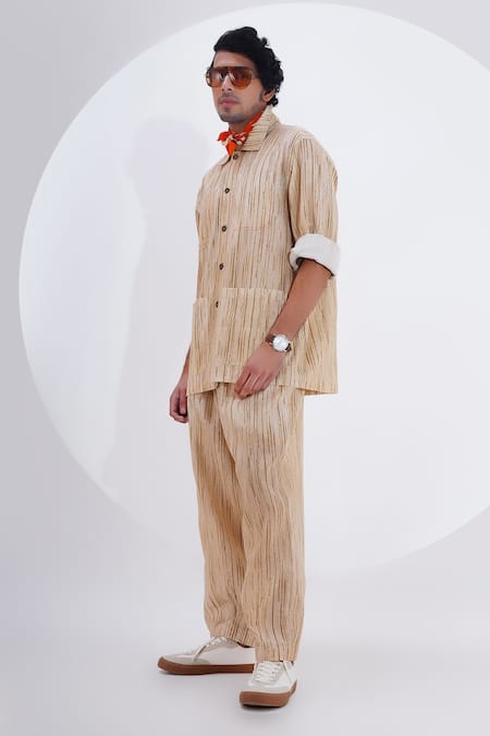 Buy_Jajaabor_Beige Linen Print Stripe Shirt With Pant _Online_at_Aza_Fashions