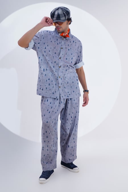 Shop_Jajaabor_Grey Linen Print Abstract Geometric Shirt With Pant _Online_at_Aza_Fashions