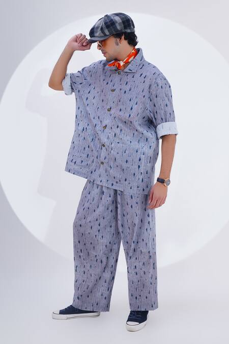 Jajaabor_Grey Linen Print Abstract Geometric Shirt With Pant _at_Aza_Fashions