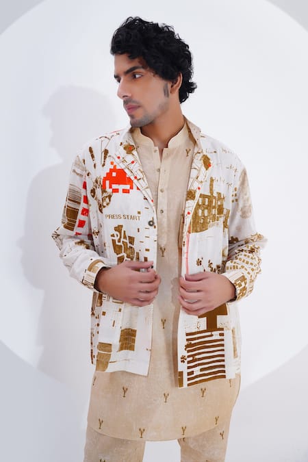 Shop_Jajaabor_Ivory Linen Abstract Print Shirt _Online_at_Aza_Fashions