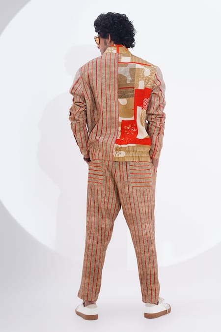 Shop_Jajaabor_Beige Linen Patchwork Abstract Textured Work Bomber Jacket _at_Aza_Fashions