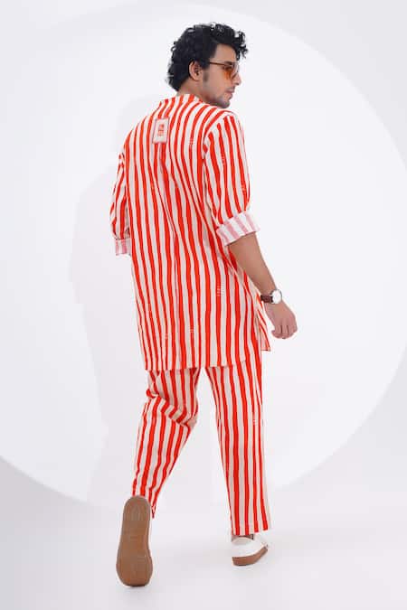 Shop_Jajaabor_Red Linen Stripe Print Kurta With Pant _at_Aza_Fashions