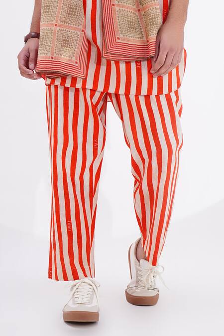 Jajaabor_Red Linen Stripe Print Kurta With Pant _Online_at_Aza_Fashions