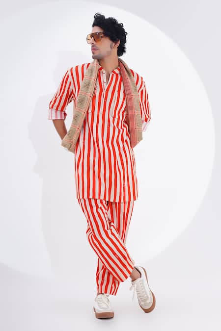 Buy_Jajaabor_Red Linen Stripe Print Kurta With Pant _Online_at_Aza_Fashions