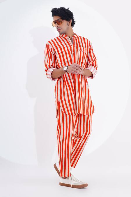 Shop_Jajaabor_Red Linen Stripe Print Kurta With Pant _Online_at_Aza_Fashions