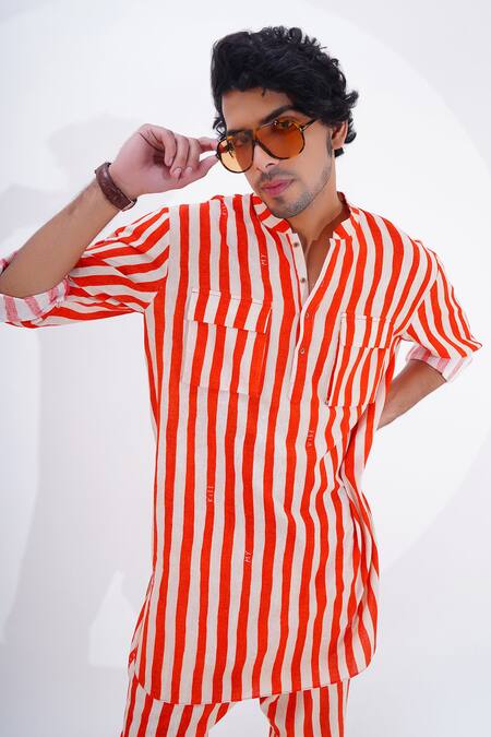 Jajaabor_Red Linen Stripe Print Kurta With Pant _at_Aza_Fashions