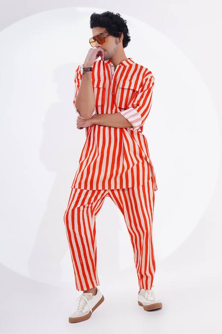 Buy_Jajaabor_Red Linen Stripe Print Kurta With Pant 