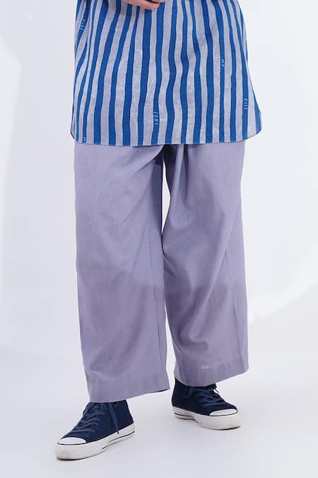 Jajaabor_Blue Linen Vertical Stripe Print Kurta With Pant _Online_at_Aza_Fashions