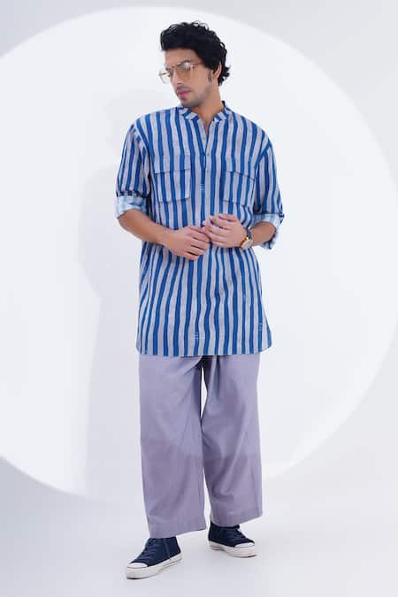 Buy_Jajaabor_Blue Linen Vertical Stripe Print Kurta With Pant _Online_at_Aza_Fashions