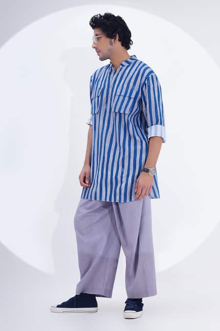 Shop_Jajaabor_Blue Linen Vertical Stripe Print Kurta With Pant _Online_at_Aza_Fashions