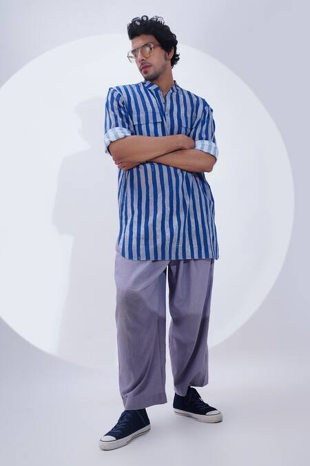 Buy_Jajaabor_Blue Linen Vertical Stripe Print Kurta With Pant 