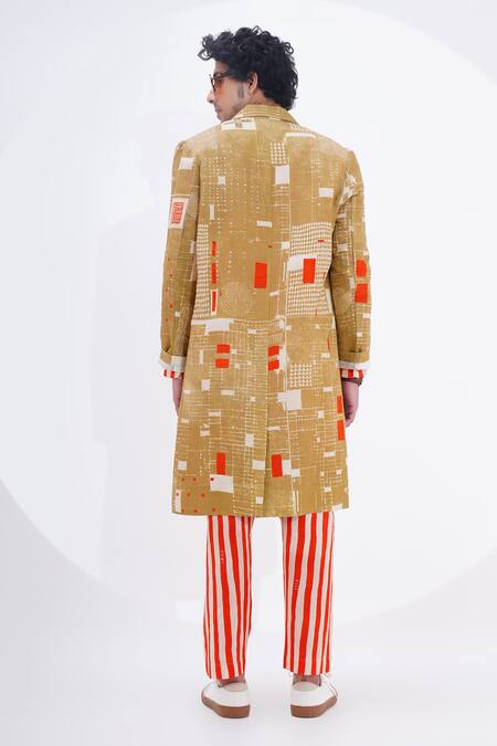 Shop_Jajaabor_Beige Linen Print Abstract Geometric Long Jacket _at_Aza_Fashions