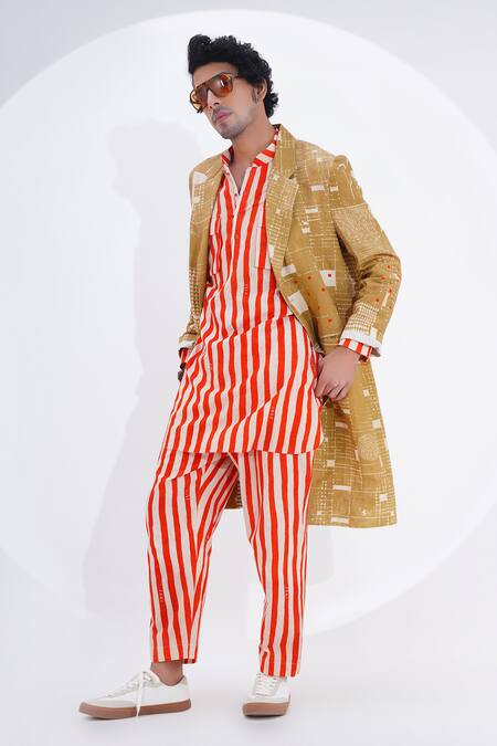 Jajaabor_Beige Linen Print Abstract Geometric Long Jacket _Online_at_Aza_Fashions