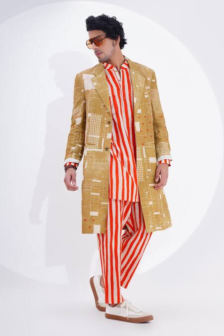 Buy_Jajaabor_Beige Linen Print Abstract Geometric Long Jacket _Online_at_Aza_Fashions