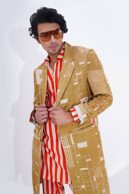 Shop_Jajaabor_Beige Linen Print Abstract Geometric Long Jacket _Online_at_Aza_Fashions