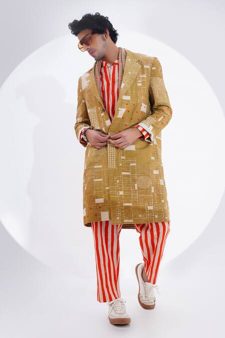 Jajaabor_Beige Linen Print Abstract Geometric Long Jacket _at_Aza_Fashions