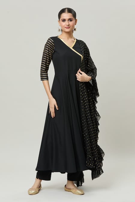 Adara Khan Black Poly Crepe Printed Striped V Neck Sleeve Angrakha Kurta Set