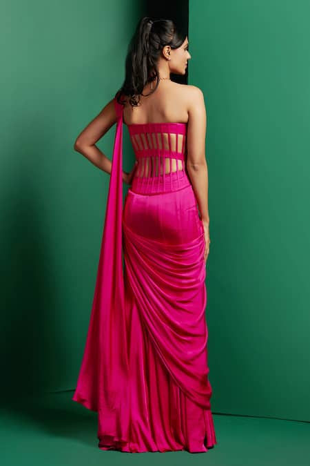 K & A By Karishma And Ashita Solid Pre-Draped Saree With Cut-Out Corset 