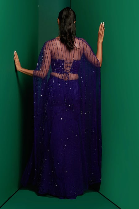 Shop K & A By Karishma And Ashita Blue Crepe Beads, Sequins Sweetheart Neck Embellished Cape Skirt Set at Aza Fashions Shop_K & A By Karishma And Ashita_Blue Crepe Beads, Sequins Sweetheart Neck Embellished Cape Skirt Set _at_Aza_Fashions