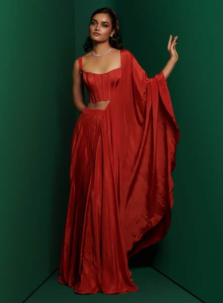 K & A By Karishma And Ashita Orange Crepe Scoop Neck Plain Pre-draped Lehenga Saree With Corset Online at Aza Fashions K & A By Karishma And Ashita_Orange Crepe Scoop Neck Plain Pre-draped Lehenga Saree With Corset _Online_at_Aza_Fashions