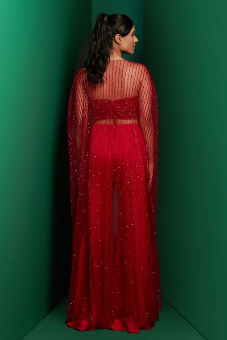 Shop K & A By Karishma And Ashita Red Modal, Satin Beads, Sequins Embellished Striped Cape Flared Pant Set at Aza Fashions Shop_K & A By Karishma And Ashita_Red Modal, Satin Beads, Sequins Embellished Striped Cape Flared Pant Set _at_Aza_Fashions