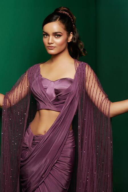 K & A By Karishma And Ashita_Purple Crepe Sequins, Beads V-neck Embellished Cape Pre-draped Skirt Saree Set _Online_at_Aza_Fashions