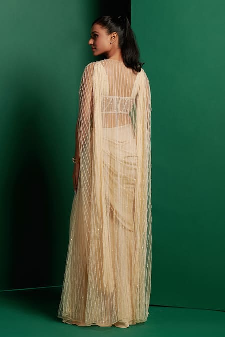 K & A By Karishma And Ashita Pearl Sequin Embellished Cape Ruched Skirt Set 