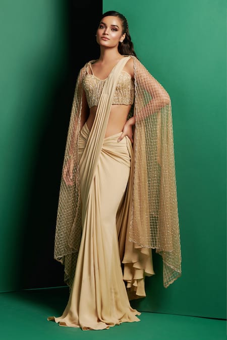 K&A By Karishma and Ashita Gold Double Georgette Embellished Bead Cape Scalloped Pre-draped Saree Set 