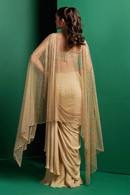 K & A By Karishma And Ashita Bead Embellished Scalloped Cape Pre-Draped Saree Set 