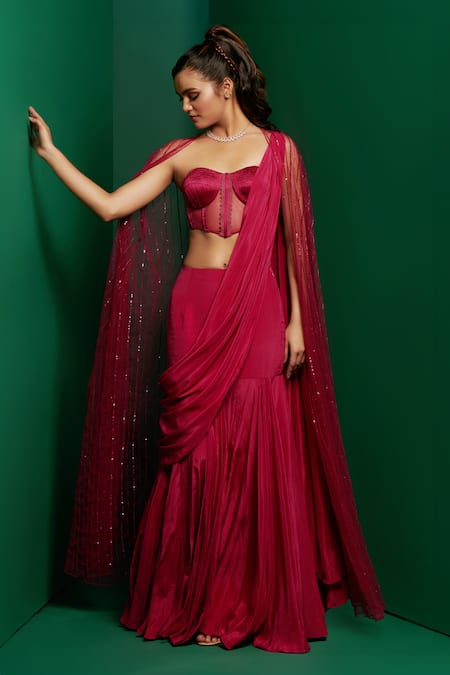 K&A By Karishma and Ashita Fuchsia Crepe Embellished Bead Cape Open Sheer Pre-draped Saree Set 