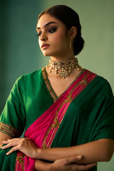 Nishar Ahmed_Green Habutai Silk Hand Embroidered Dori Rajni Saree_Online_at_Aza_Fashions