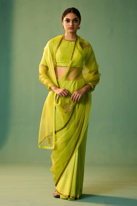 Nishar Ahmed Green Habutai Silk Hand Embroidered Dori Jameelah Saree