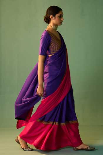Nishar Ahmed_Blue Habutai Silk Hand Embroidered Dori Dhara Saree_Online_at_Aza_Fashions