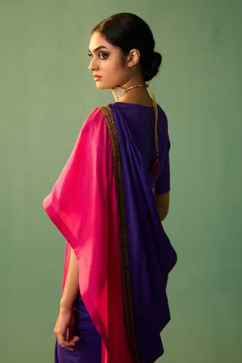 Buy_Nishar Ahmed_Blue Habutai Silk Hand Embroidered Dori Dhara Saree_Online_at_Aza_Fashions