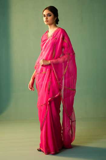 Buy_Nishar Ahmed_Pink Organza, Silk Zari, Embroidery Sabaa Hand Saree_Online_at_Aza_Fashions
