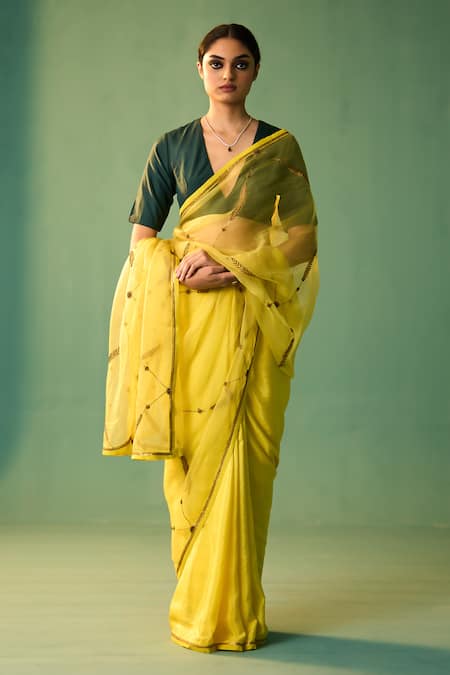 Nishar Ahmed Yellow Habutai Silk Hand Embroidered Dori Sabaa Marori Saree