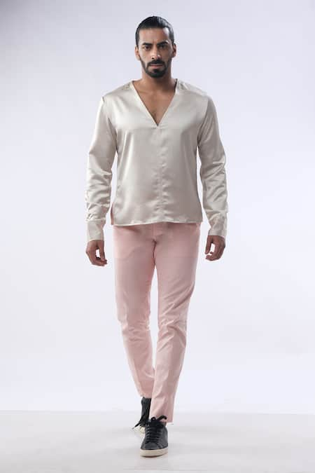 Kommal Sood Gold Satin And Cotton Plain Shirt With Trouser  