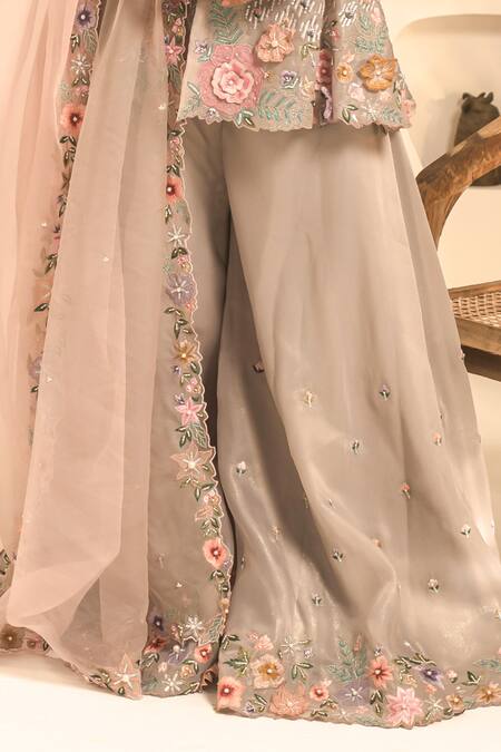 Label Astha Chhabra_Grey Organza Embroidery V-neck 3d Floral Kurta Sharara Set _Online_at_Aza_Fashions