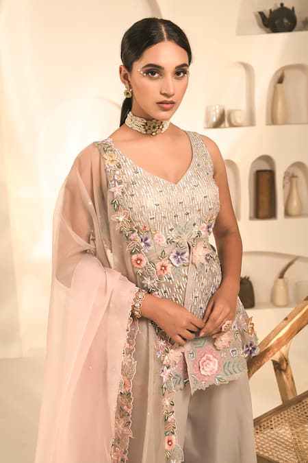 Buy_Label Astha Chhabra_Grey Organza Embroidery V-neck 3d Floral Kurta Sharara Set _Online_at_Aza_Fashions