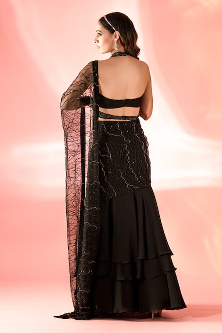 Shop Label Astha Chhabra Black Net, Georgette Pre-stitched Embellished Lehenga Saree With Blouse at Aza Fashions Shop_Label Astha Chhabra_Black Net, Georgette Pre-stitched Embellished Lehenga Saree With Blouse _at_Aza_Fashions