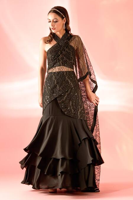 Label Astha Chhabra Black Net, Georgette Pre-stitched Embellished Lehenga Saree With Blouse Online at Aza Fashions Label Astha Chhabra_Black Net, Georgette Pre-stitched Embellished Lehenga Saree With Blouse _Online_at_Aza_Fashions