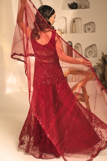 Shop Label Astha Chhabra Maroon Net Beads, Tassels Polo Scarlet Tonal Embroidered Tunic Sharara Set at Aza Fashions Shop_Label Astha Chhabra_Maroon Net Beads, Tassels Polo Scarlet Tonal Embroidered Tunic Sharara Set _at_Aza_Fashions