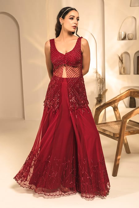 Buy Label Astha Chhabra Maroon Net Beads, Tassels Polo Scarlet Tonal Embroidered Tunic Sharara Set Online at Aza Fashions Buy_Label Astha Chhabra_Maroon Net Beads, Tassels Polo Scarlet Tonal Embroidered Tunic Sharara Set _Online_at_Aza_Fashions